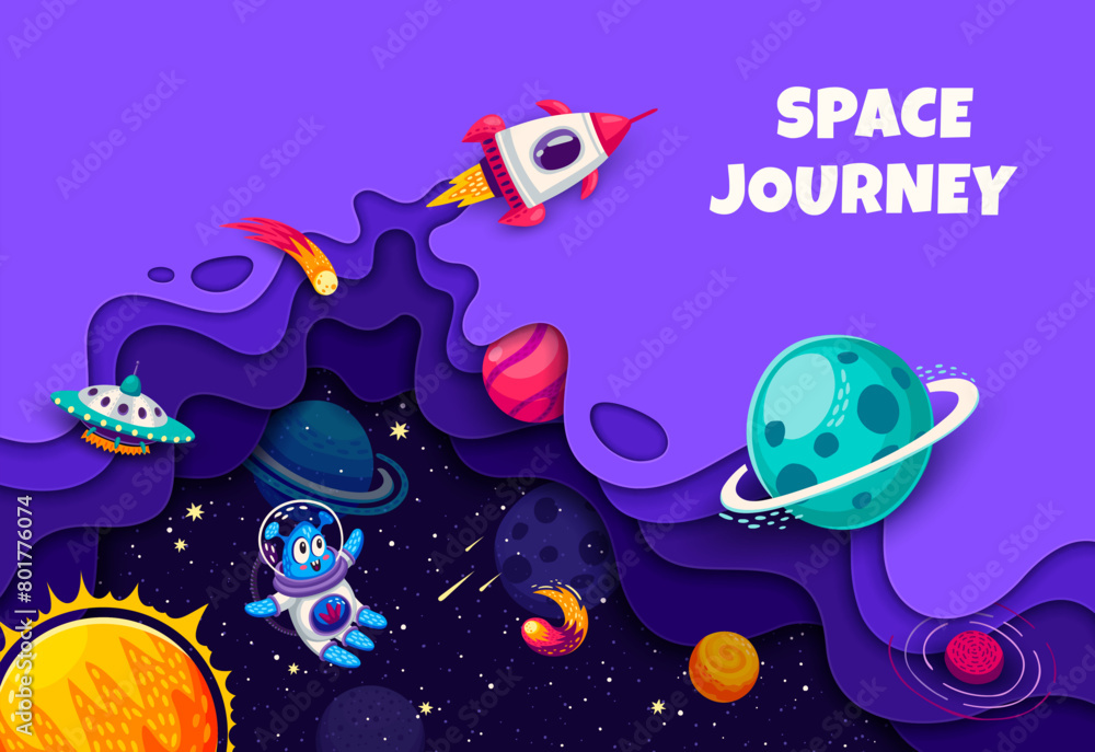 Poster cartoon paper cut space landscape with galaxy planets and rockets, vector background. kids space jou