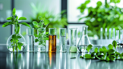 Laboratory glassware on a table surrounded by green plants in sunlight