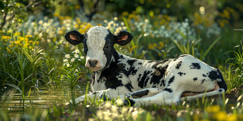 Black and white Baby Cow at the  in the filed lying down