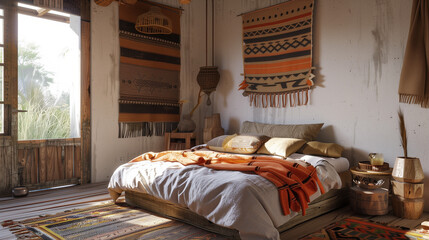 Obraz na płótnie Canvas bed in bedroom. Bohemian Bliss: Rustic Home Decor Inspiration with Ethnic Flair