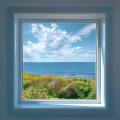 square window with a beautiful view outside