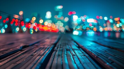 Defocused city lights create a colorful bokeh effect on a wooden boardwalk at night.