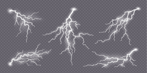 Lightning effect. Thunderstorm electric spark, flash strike, thunder bolt effect. Set of realistic 3d zippers, storm or shock, natural powerful light charges. Abstract electricity and explosion glow