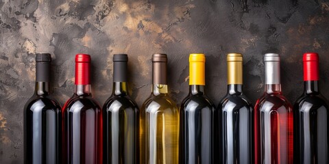 A horizontal array of diverse wine bottles with colored caps on a textured dark surface. - obrazy, fototapety, plakaty