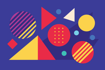 Set of isolated memphis style abstract shapes with geometric triangle and dots. Red and blue, yellow and violet texture made of shapes for minimalistic background. Template