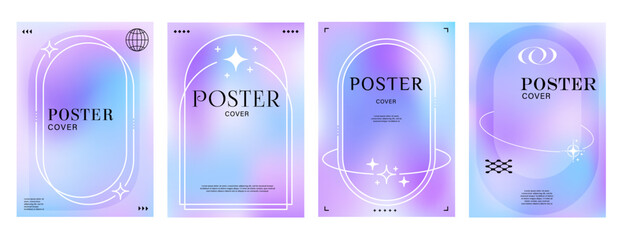 Aesthetic blur purple gradient Y2K posters, modern backgrounds for covers, vector templates. Pastel or neon glow blur color gradient posters with line frames in Y2K aesthetic geometric minimal design