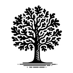"Black and White Oak Tree Silhouette Vector Icon"