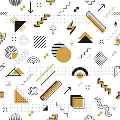 Hipster Memphis seamless pattern with abstract geometric shapes. Vector vintage tile background with golden, black and white colored figures. Trendy repeated ornament, creative wallpaper or print