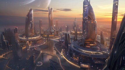 futuristic city at sunrise, with interconnected buildings and pathways 