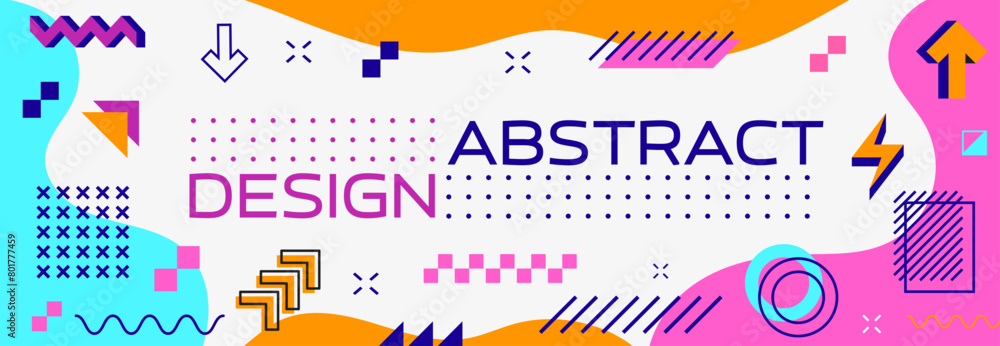 Poster Abstract modern geometric Memphis banner with shapes pattern, vector background. Memphis banner with minimal line shapes and abstract geometric figures of waves, circles and square or halftone dots