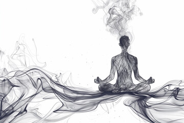 A compelling line art illustration of a person sitting in a lotus pose, with half of their body artfully dissipating into nothingness. This image captures a symbolic representation of transcendence  - obrazy, fototapety, plakaty