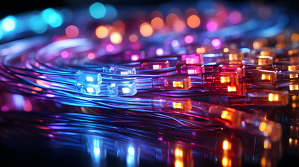 colored electric cables and led. optical fiber, intense colors, background for technology image and new business trend