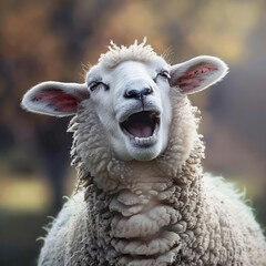 Cute Sheep Is Laughing Loudly Outdoor