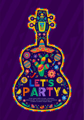 Mexican holiday party flyer with guitar frame border. Vector Mexico fiesta sombrero, cactus and maracas, chili peppers, tequila bottle and flower with bright color pattern and latin floral ornament