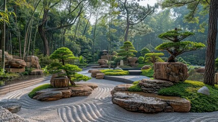 raked gravel zen garden, pruned bonsai trees, inspiration traditional japanese rock gardens