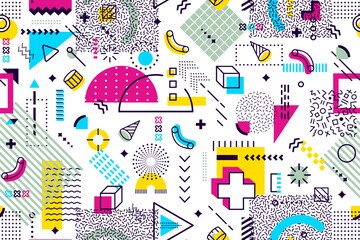 80s 90s hipster Memphis pattern with abstract geometric colorful shapes and modern elements. Vector seamless background with surreal figures, linear details, dots, triangles and waves, trendy ornament