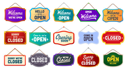 Shop notice signboard, open and closed board signs. Isolated vector displays signaling business availability. Informative banners conveying essential details about the store, for attracting customers