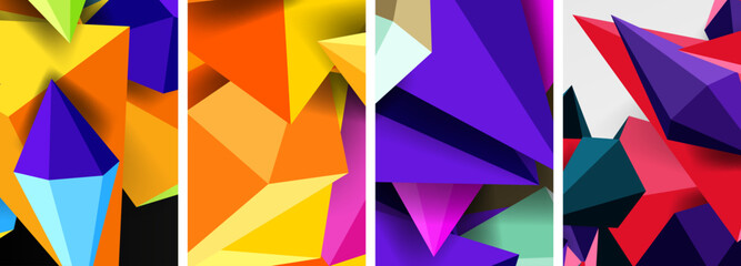 A creatively arranged collage featuring four different colored triangles in shades of purple, violet, and magenta, creating a symmetrical composition on a white background