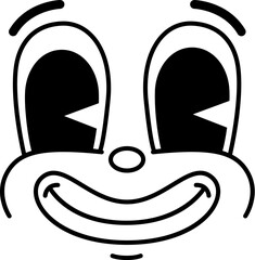 Cartoon groovie comic face character with big eyes, vector retro funky emoji. Groovy smiling emoticon with happy joy expression and big goggle eye, retro doodle line cartoon character