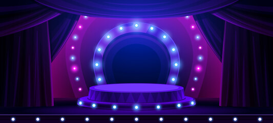 Theater or circus entertainment stage podium with lights, vector background. Circus show or concert theater scene with platform, neon glow illumination and curtain drapes in blue purple spotlights