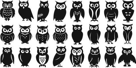 Owl silhouettes set. Set of black and white owls vector illustrations.