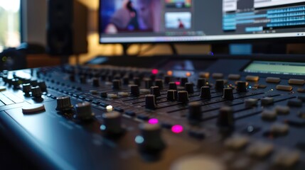 Obraz premium sound mixing board, sliders and knobs, blurred background