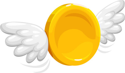 3d golden money coin with wings, vector flying currency for casino game balance, cashback, send, exchange and receive money concept. Yellow gold coin with spread white wings, flying cash money