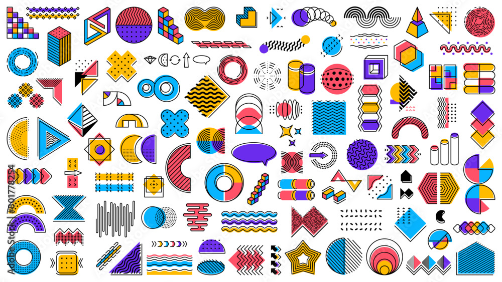 Poster Abstract geometric memphis shapes. Modern graphic vector line elements, minimal art shapes and basic forms. Star, circle, triangle and dot, square, curve, wave and arrow figures with halftone pattern