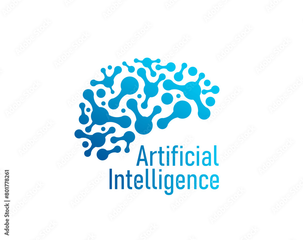 Poster Ai artificial intelligence icon, human brain, machine learning. Isolated vector emblem stylized human brain with neural networks. Scientific development of ai data technology algorithms and robotics