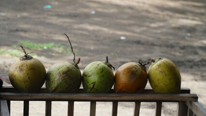 Five coconuts on wood. Focus selected, background blurred
