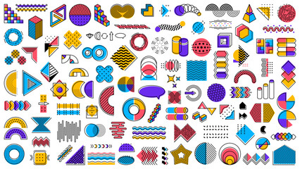 Abstract geometric memphis shapes. Modern graphic vector line elements, minimal art shapes and basic forms. Star, circle, triangle and dot, square, curve, wave and arrow figures with halftone pattern