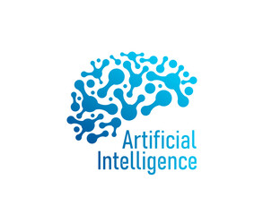 Ai artificial intelligence icon, human brain, machine learning. Isolated vector emblem stylized human brain with neural networks. Scientific development of ai data technology algorithms and robotics