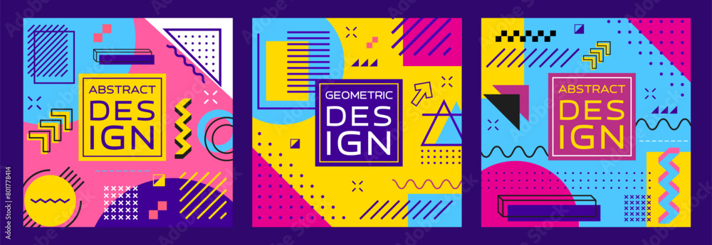 Poster Abstract geometric Memphis banners. Modern square templates, feature vibrant colors, simple shapes and bold patterns in retro-modern style of 1980s design movement. Vector playful cards or story posts