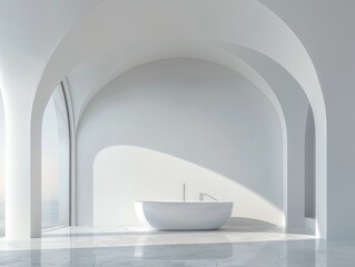 Minimalist bathroom interior with sleek white marble walls and a modern arched design.