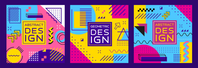 Abstract geometric Memphis banners. Modern square templates, feature vibrant colors, simple shapes and bold patterns in retro-modern style of 1980s design movement. Vector playful cards or story posts