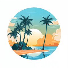 Summer beach island with palm trees  at the sunset