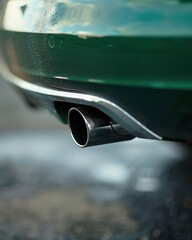 car exhaust, green car, focus on exhaust