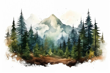 Mountain landscape with pine forest  in watercolour technique