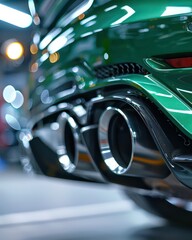 car exhaust, green car, focus on exhaust