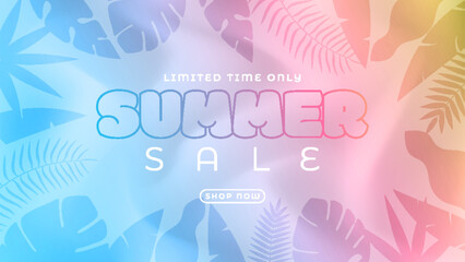 The design for the summer sale features a paper-cut tropical background in bright colors. Combining the concept of tropical leaves and discount vouchers. Vector illustration template.