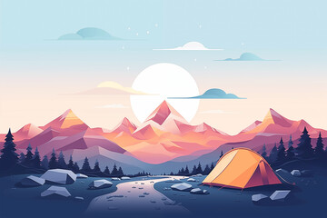 A camping tent at the mountains base, at the sunset
