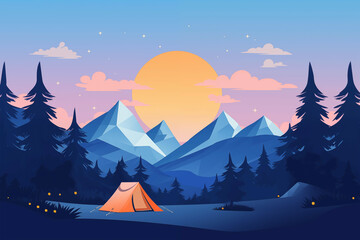 Fototapeta premium A camping tent in the middle of a forest at the mountains base, at the sunset