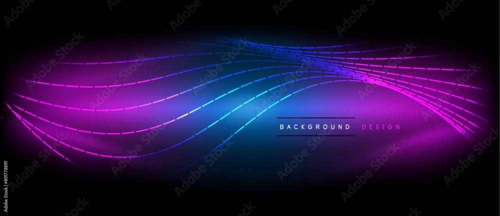 Poster an art installation featuring a glowing purple and electric blue wave on a dark background, created 