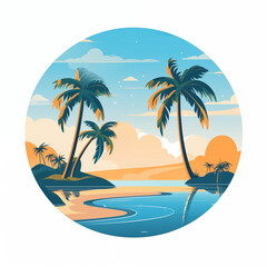 Summer beach island with palm trees  at the sunset, vintage style 