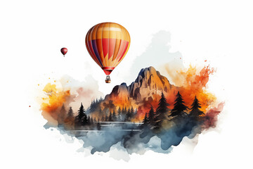 Colourful hot air balloons flying over a mountain landscape in watercolour technique