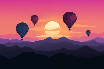 Fototapeta premium Floating hot air balloons at the sunset over a canyon 