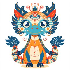 dragon, symmetry doodle art, woodblock color print art, flat cartoons, white background