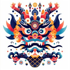 dragon, symmetry doodle art, woodblock color print art, flat cartoons, white background