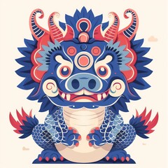 Fototapeta premium dragon, symmetry doodle art, woodblock color print art, flat cartoons, white background