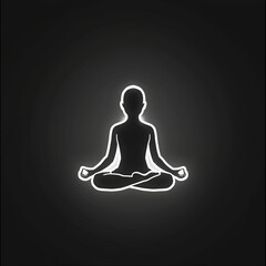 A minimalistic icon featuring a glowing white silhouette of a meditation pose, set against a stark black background. This simple yet powerful design symbolizes clarity, focus, and tranquility